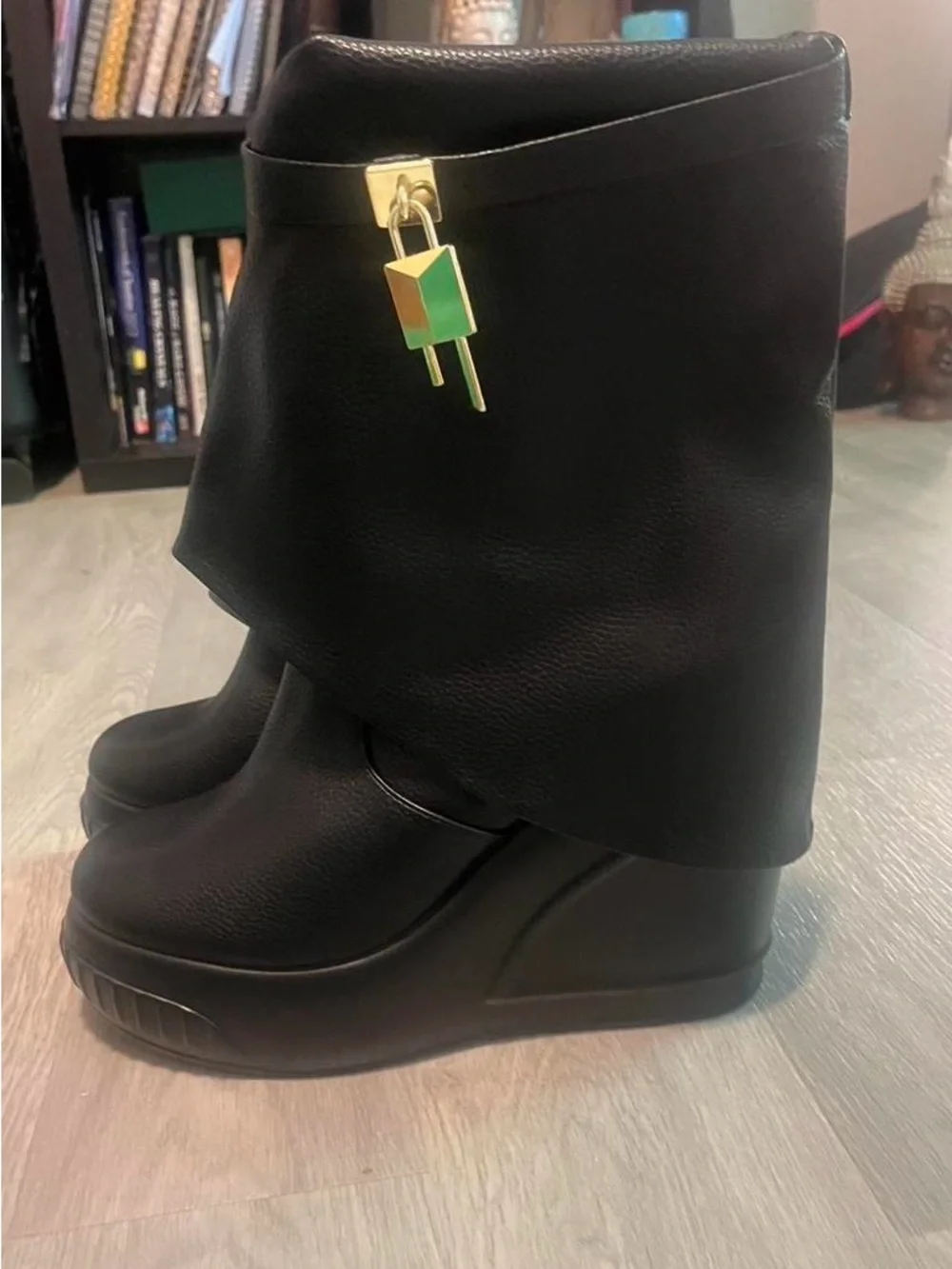 Fashion Nova Black Wedge Ankle Boots with Gold Padlock Accent